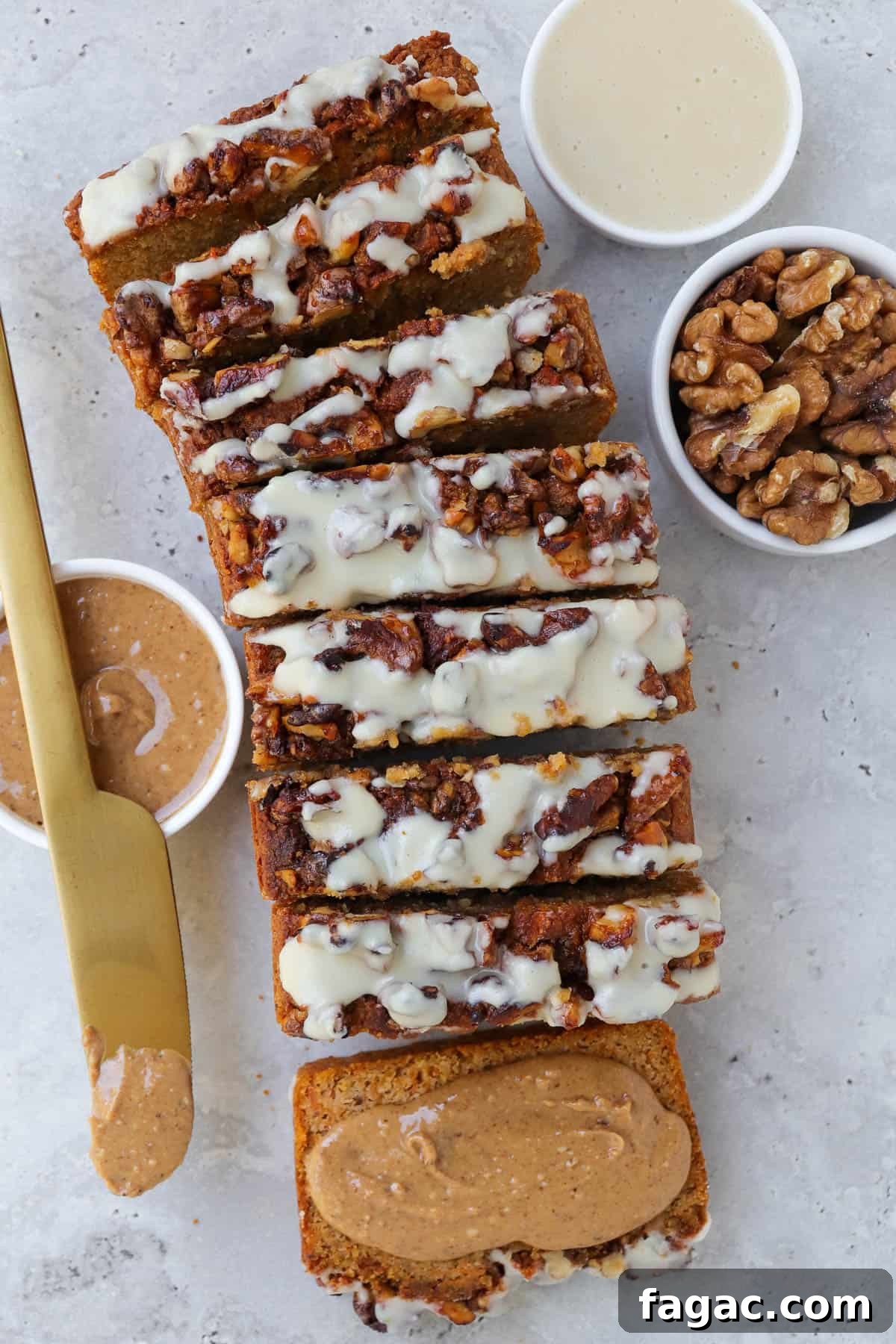 Gluten-Free Sweet Potato Spice Loaf Recipe for Fall Baking 7 Sweet potato bread sliced up with coconut butter glaze on top.