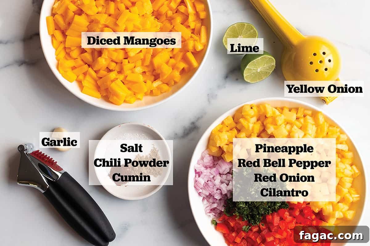 Zesty Mango and Pineapple Salsa Recipe for Summer Parties 3 A bowl of diced mangos, pineapple, salt, chili powder, cumin, lime and another bowl of pineapple, red onion and red peppers.