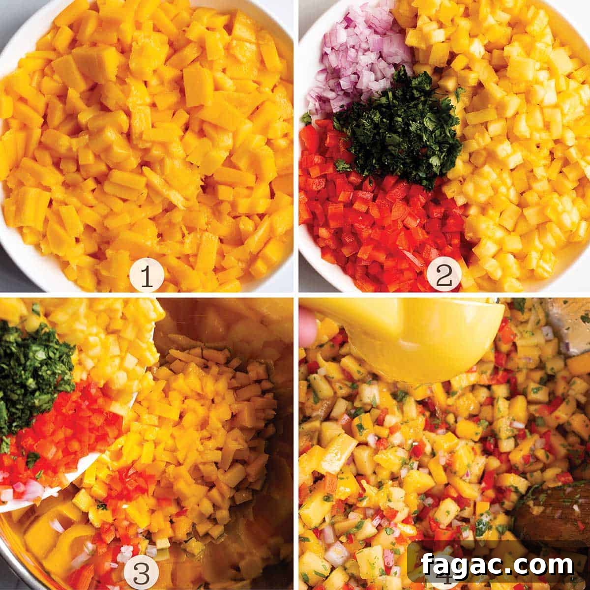Zesty Mango and Pineapple Salsa Recipe for Summer Parties 4 Four images with instructions on how to make a mango salsa. A bowl of diced mangoes and then other produce and fresh lime juice being added in.
