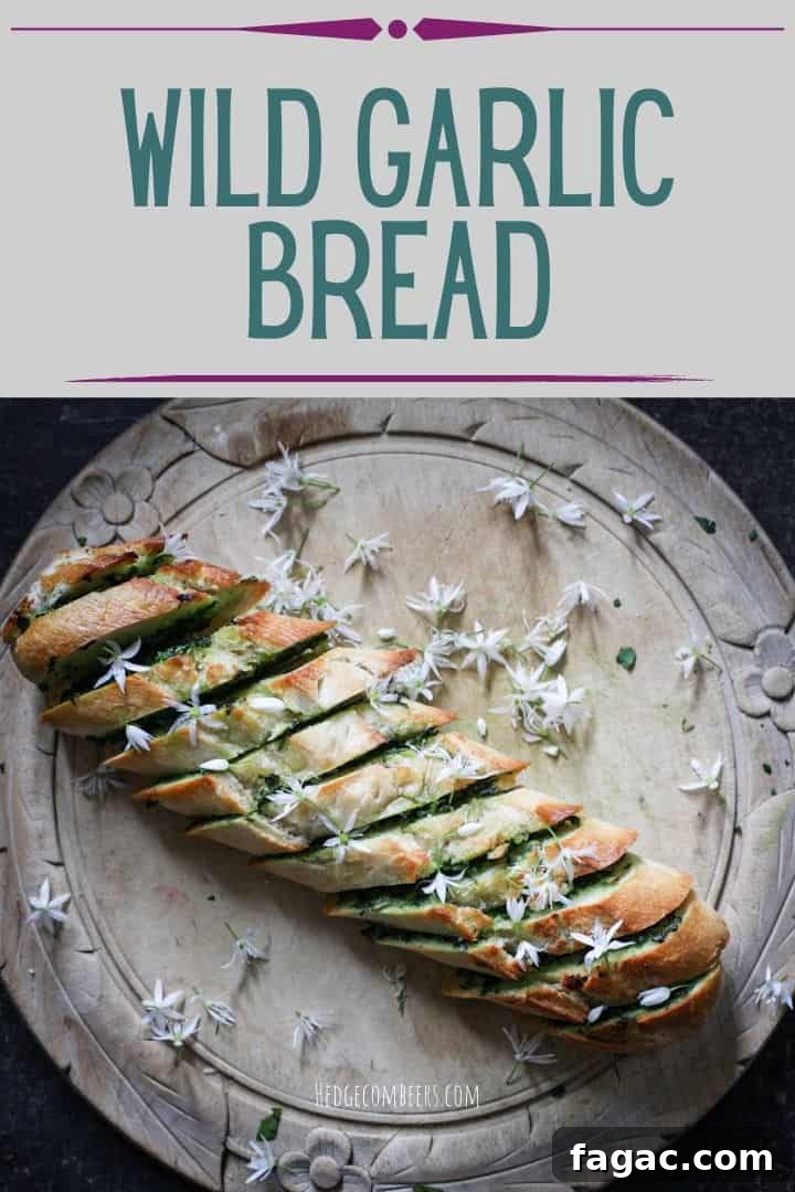 Crispy Wild Garlic Bread Recipe for Spring Gatherings 2 Round wooden carved chopping board with a small loaf of wild garlic bread and wild garlic flowers