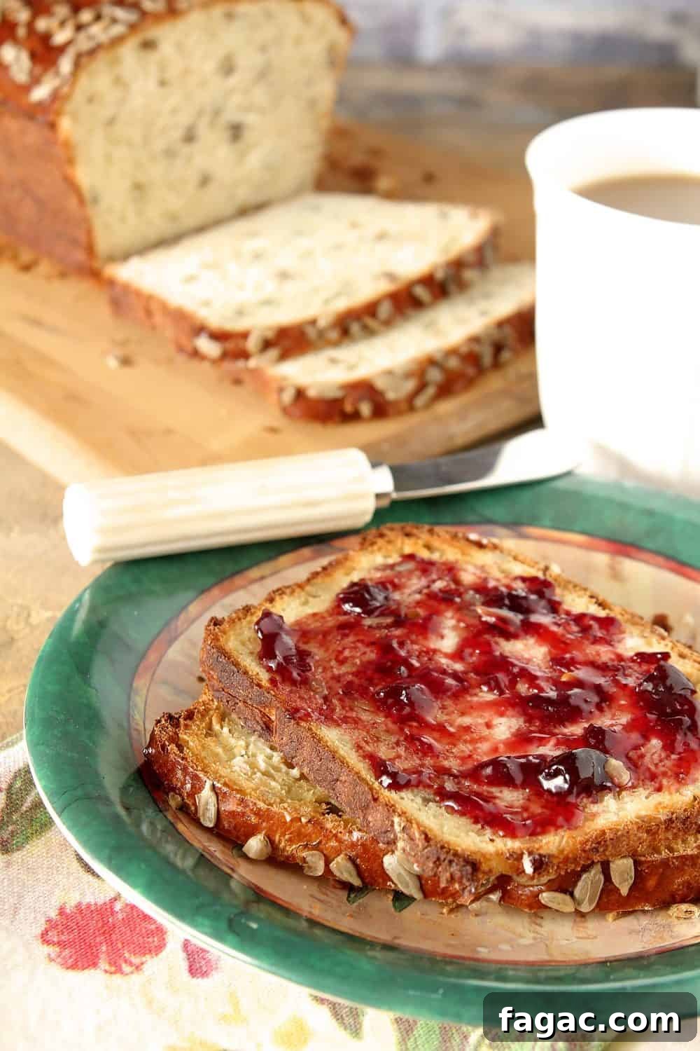 Crunchy Sunflower Seed Bread Recipe for Nutty Homemade Loaves 4 Sunflower Seed bread slice on plate with jam.
