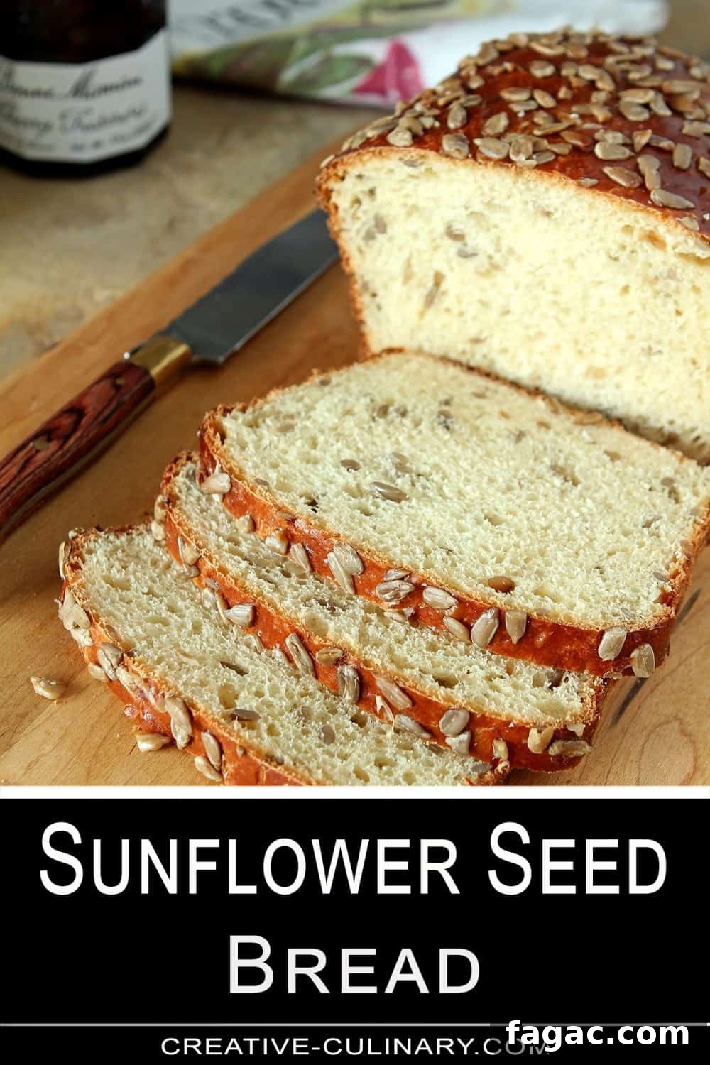 Crunchy Sunflower Seed Bread Recipe for Nutty Homemade Loaves 5 Pin for A delicious bread with both honey and sunflower seeds in the bread and scattered on top. Slices are cut open to show inside of bread loaf.