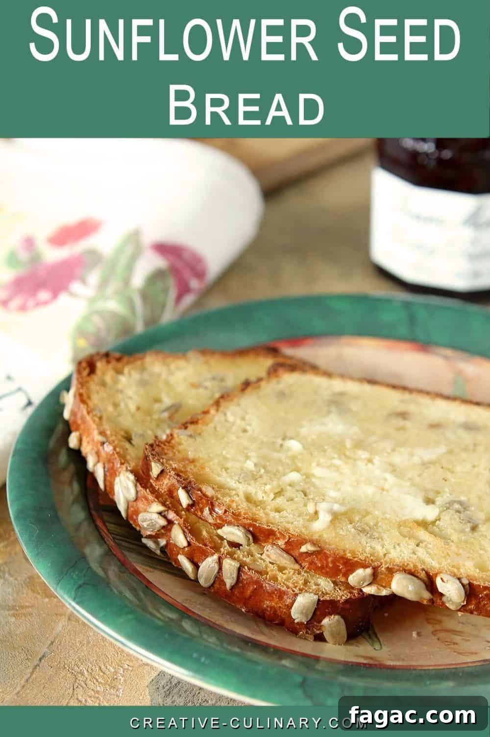 Crunchy Sunflower Seed Bread Recipe for Nutty Homemade Loaves 6 Pin for Slices of Sunflower Seed Bread are on a green edged plate and the bread is slathered with butter.
