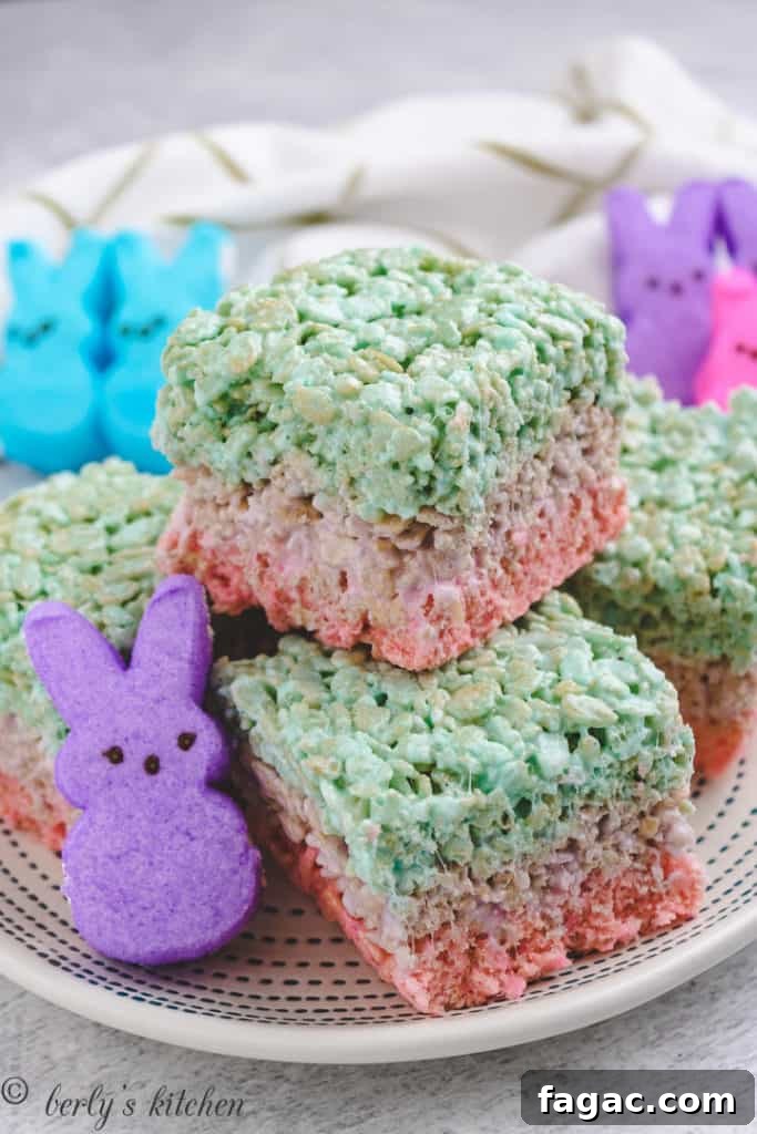 Purple peeps with layered easter rice krispie treats.