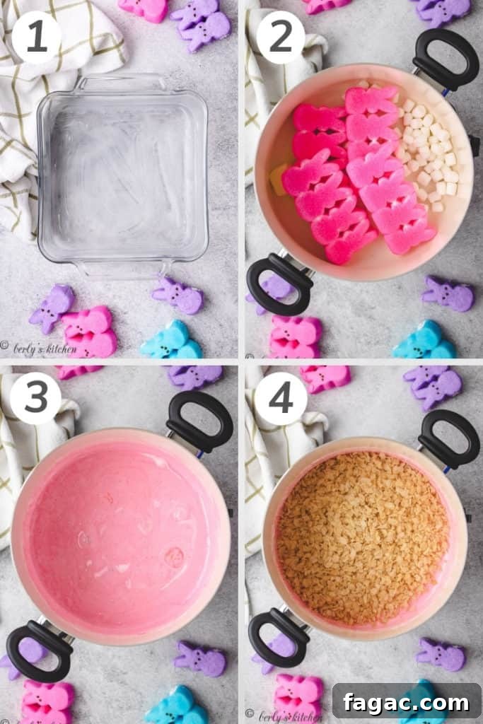 Collage style photo showing how to make pink rice krispie treats.