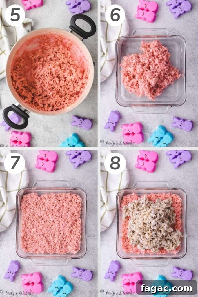 Collage showing how to make Easter rice krispie treats.