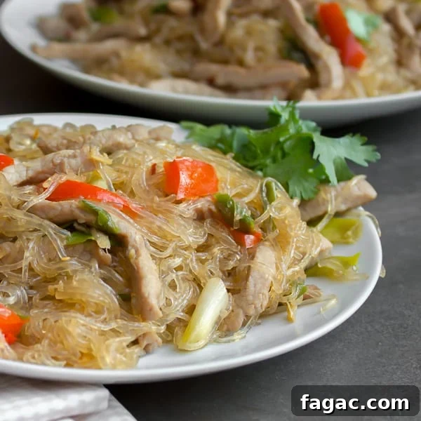 Stir-Fried Glass Noodles with Pork and Vegetables 2 A Thai inspired dish with pork, red peppers and green onions/scallions and glass noodles. Also known as crystal noodles, cellophane noodles or Chinese noodles, these are made with bean or peas.