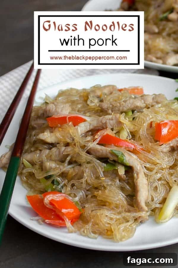 Stir-Fried Glass Noodles with Pork and Vegetables 5 A recipe for an Asian inspired dish with pork, red peppers and green onions/scallions and glass noodles. Also known as crystal noodles, cellophane noodles or Chinese noodles, these are made with bean or peas.