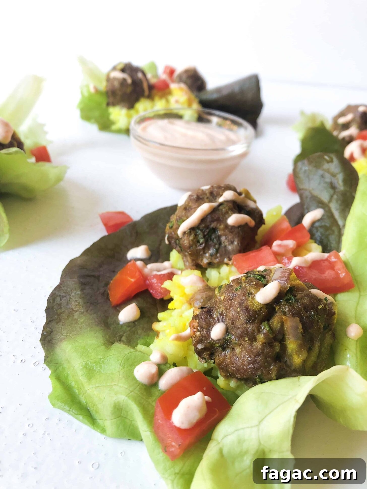 Moroccan Kofta Lettuce Wraps with a spicy yogurt sauce