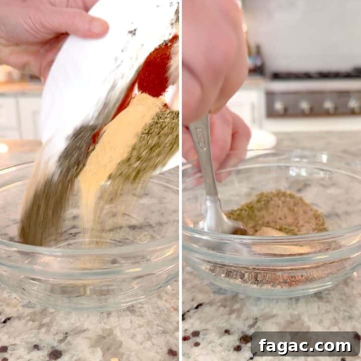 Mixing the roasted vegetable seasoning mix ingredients together in a clear glass bowl.