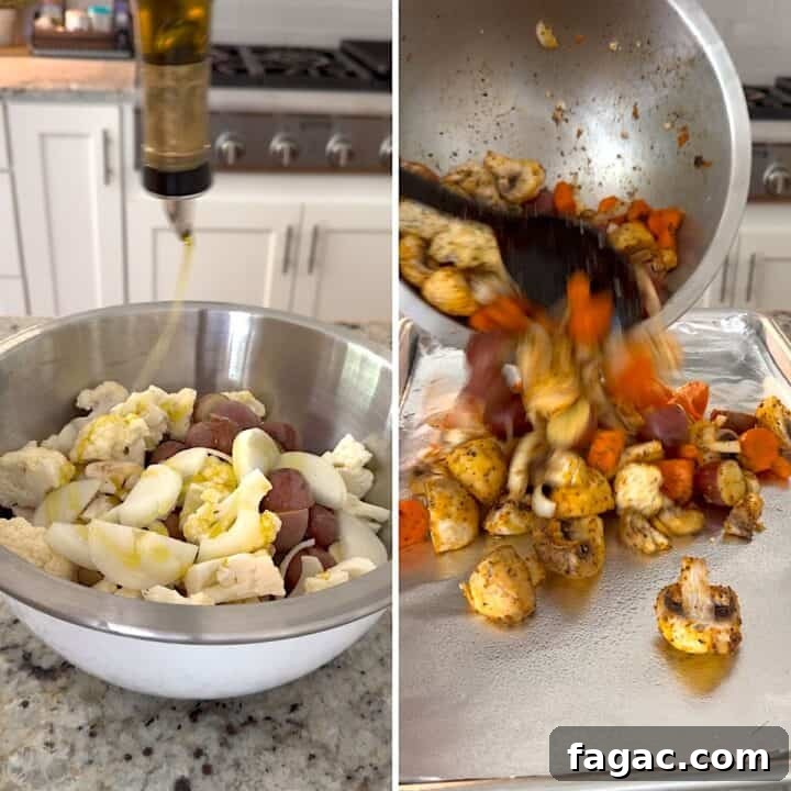 Mixing the vegetable seasoning blend with vegetables and then spreading on a baking sheet to roast.