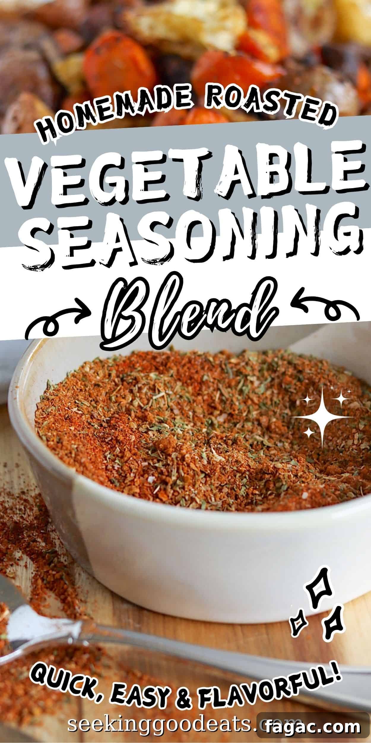 Pinterest pin with a small white bowl containing homemade vegetable seasoning mix.