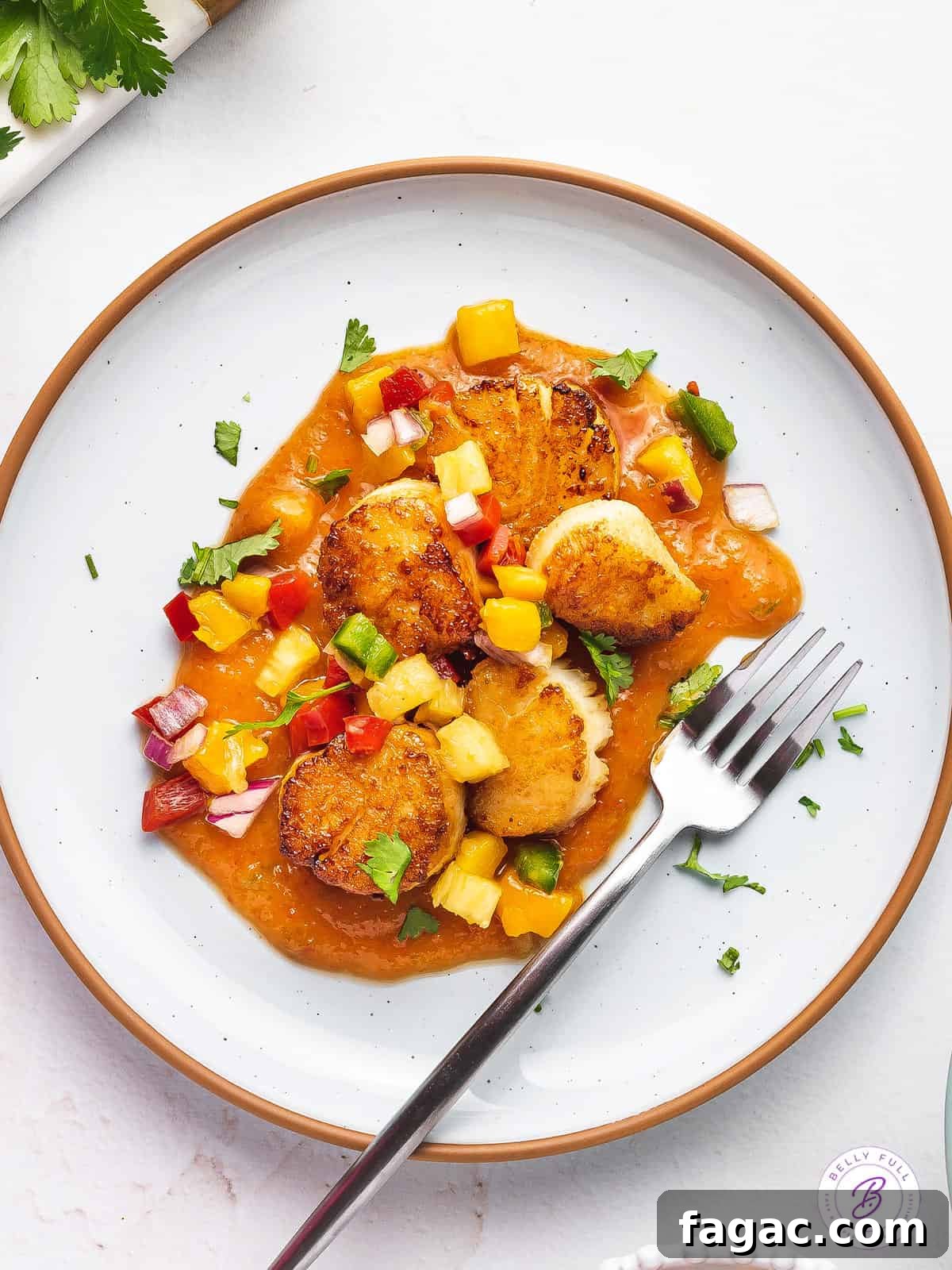 Seared Scallops with Fruit Salsa may look fancy - but it's actually so easy to make! Ready in under 30 minutes! Overhead view of fruit salsa topped with seared scallops