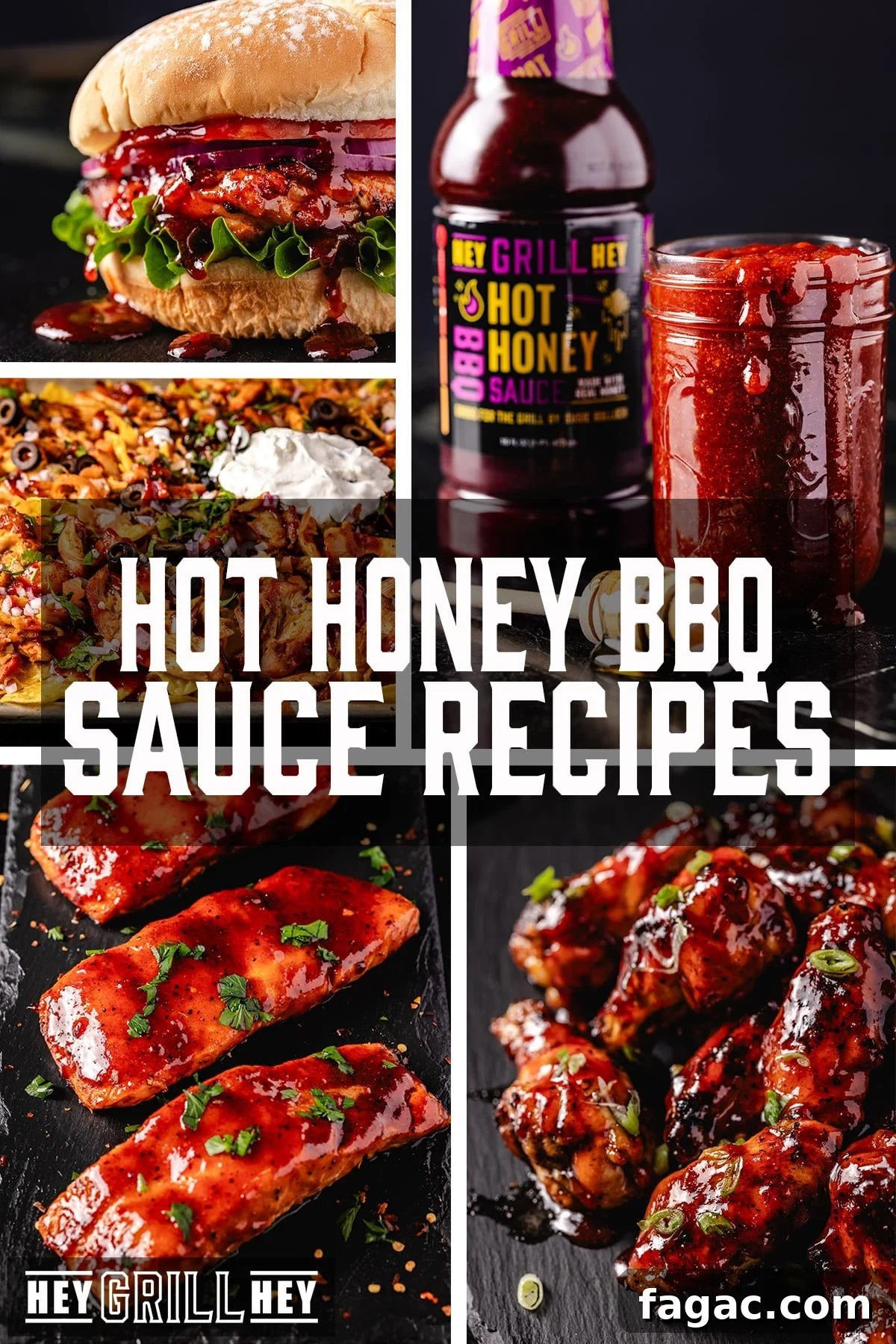 Spicy Honey BBQ Sauce Recipes for Grilling and Glazing 2 A collage of food items made using Hey Grill Hey Hot Honey BBQ Sauce Recipes.