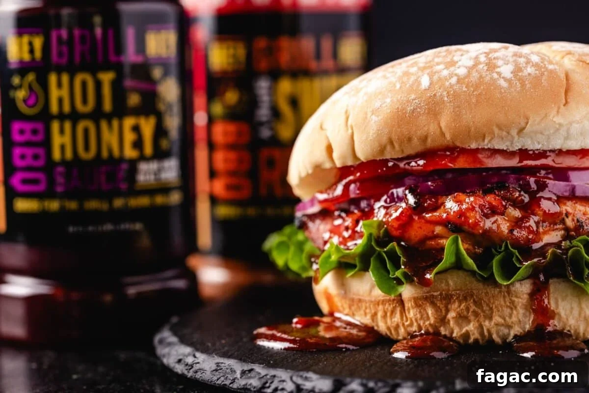 Spicy Honey BBQ Sauce Recipes for Grilling and Glazing 5 A grilled chicken sandwich with lettuce, tomato, and onion, in front of a bottle of BBQ sauce and a bottle of BBQ rub.