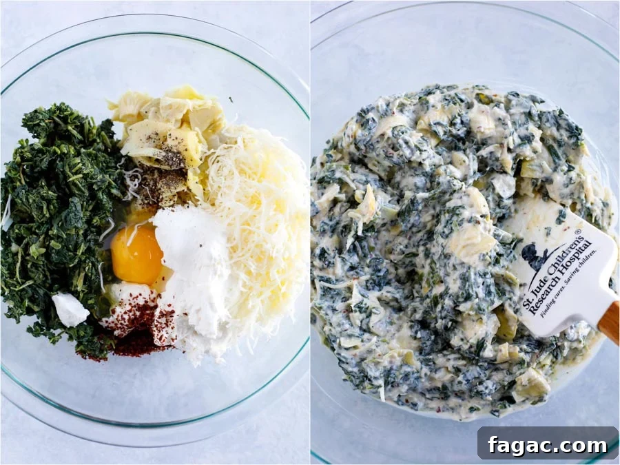 Spinach and Artichoke Stuffed Pasta Shells for Dinner 3 Step by step photo of making the stuffing for the shells. On the left shows the ingredients in a bowl and the right shows the ingredients mixed in the bowl.