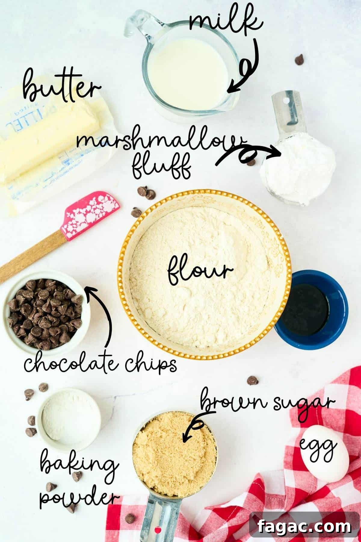 brown sugar, butter, chocolate chips, flour, and egg on white counter
