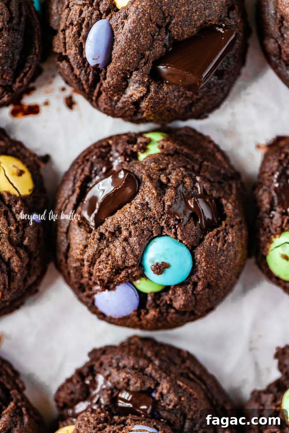 Closeup overhead image of double chocolate chunk cookies | All Images © Beyond the Butter™
