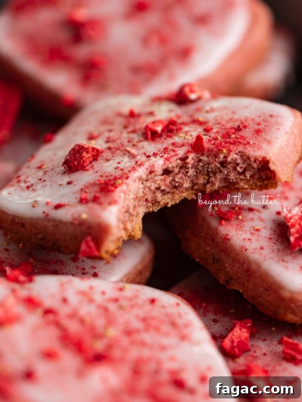 Strawberry shortbread cookies topped with glaze and freeze-dried strawberry bits