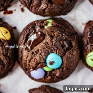 Closeup overhead image of double chocolate chunk cookies.