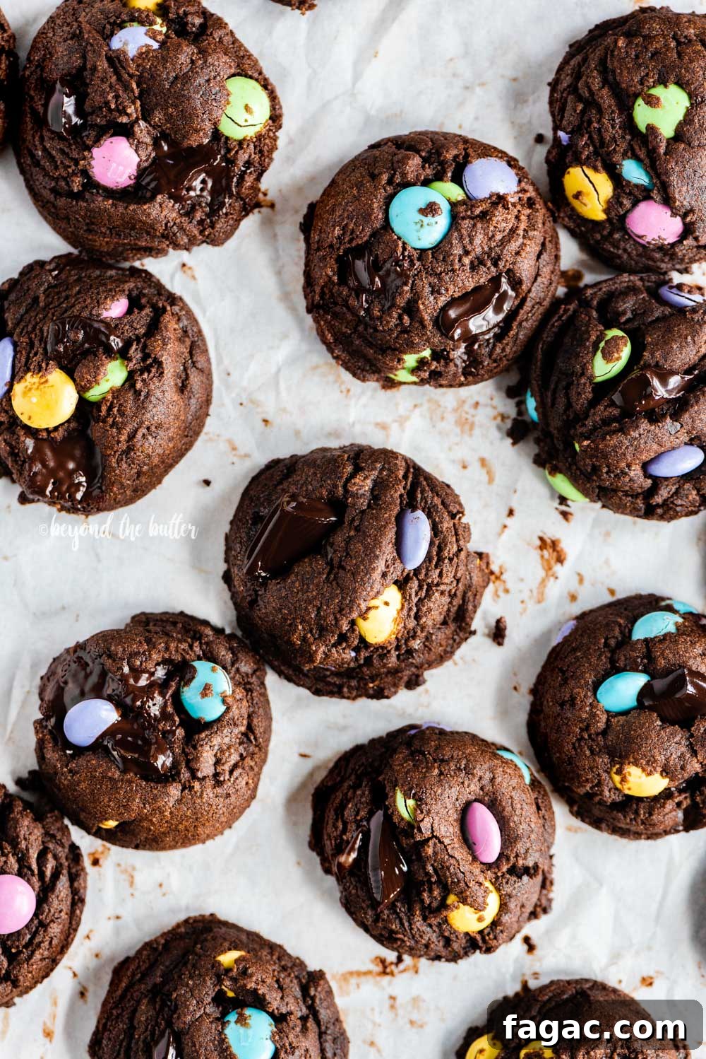 Overhead image of scattered double chocolate m&m cookies | All Images © Beyond the Butter™
