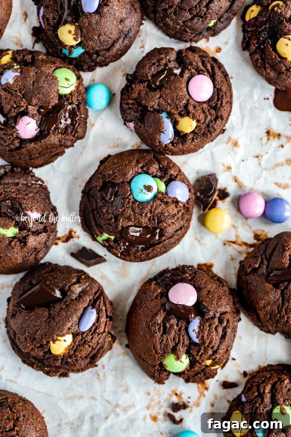 Overhead image of just baked double chocolate chunk m&m cookies | All Images © Beyond the Butter™