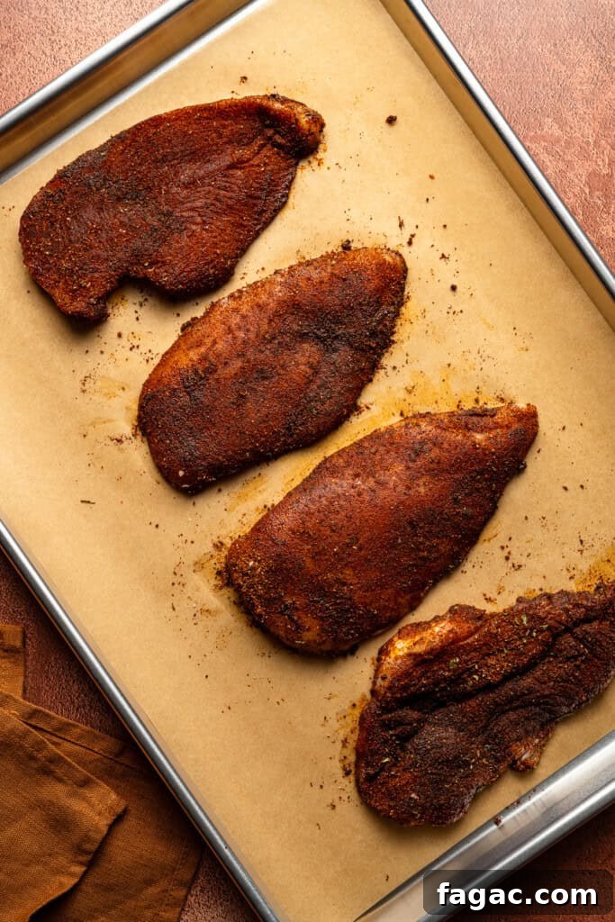 Weeknight Sheet Pan Chicken Fajitas Recipe for Quick Dinners 7 A sheet pan of the raw chicken breasts, coated heavily in fajita seasoning.