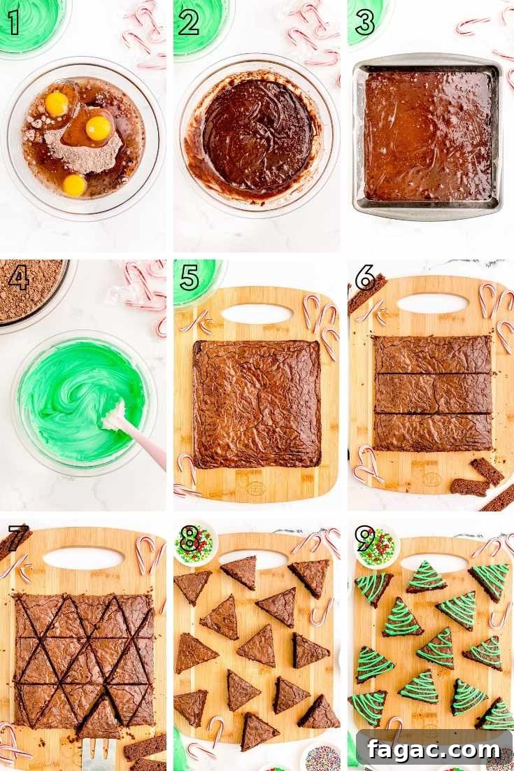 Step-by-step photo collage showing hot to make brownie Christmas trees.