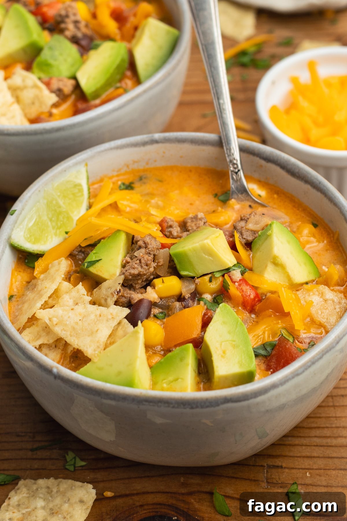 Creamy Beef Taco Soup Recipe with Cheesy Tortilla Toppings 2 This is a picture of a close-up of the soup.