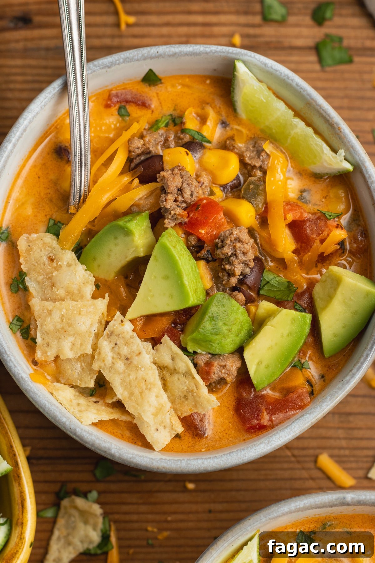 Creamy Beef Taco Soup Recipe with Cheesy Tortilla Toppings 11 This is a picture of a bowl with creamy beef taco soup.