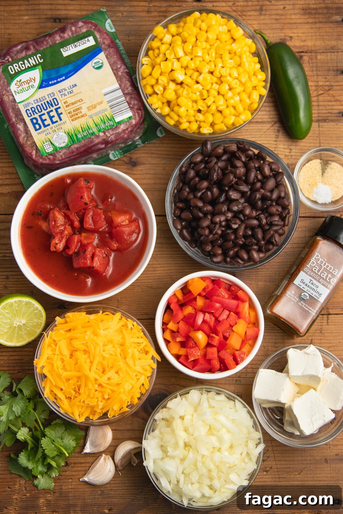 Creamy Beef Taco Soup Recipe with Cheesy Tortilla Toppings 3 This is a picture of the ingredients needed to make this recipe.