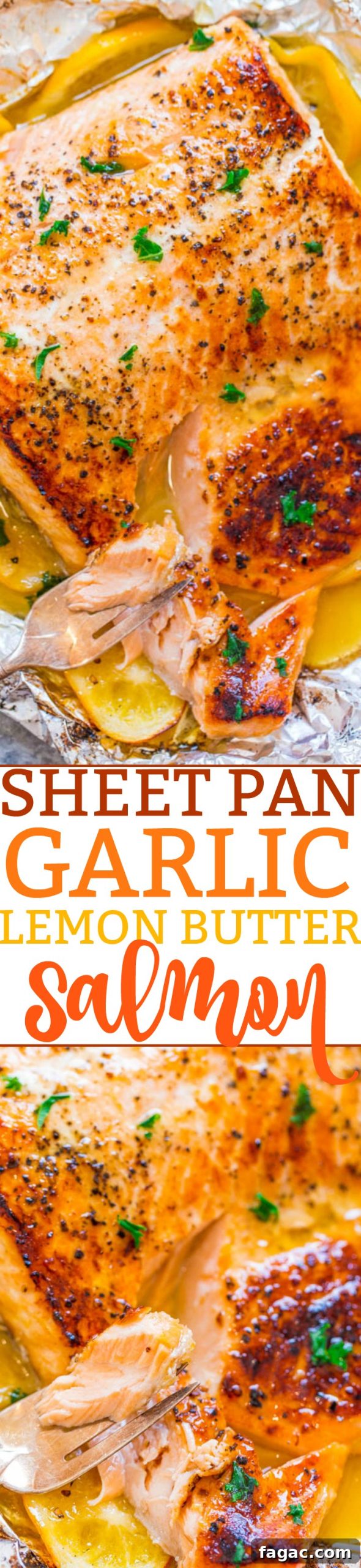 Sheet Pan Lemon Garlic Butter Salmon — Juicy salmon at home in 30 minutes that's EASY and tastes BETTER than from a restaurant! The butter is infused with lemon and garlic and adds so much FLAVOR!