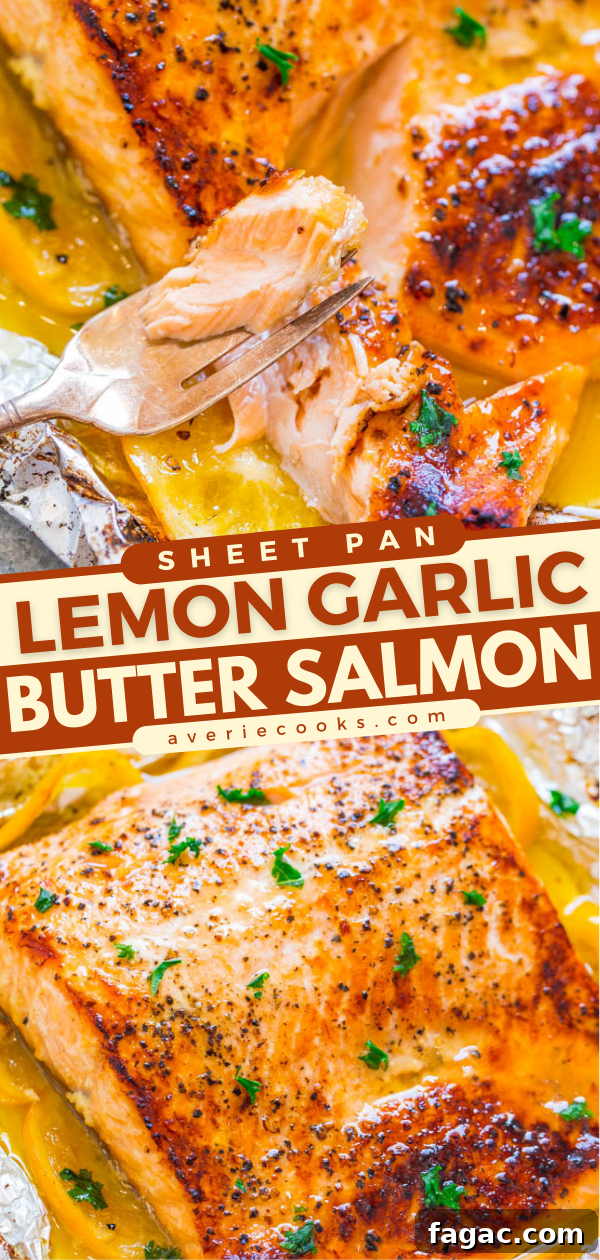 Sheet Pan Lemon Garlic Butter Salmon — Juicy salmon at home in 30 minutes that's EASY and tastes BETTER than from a restaurant! The butter is infused with lemon and garlic and adds so much FLAVOR!