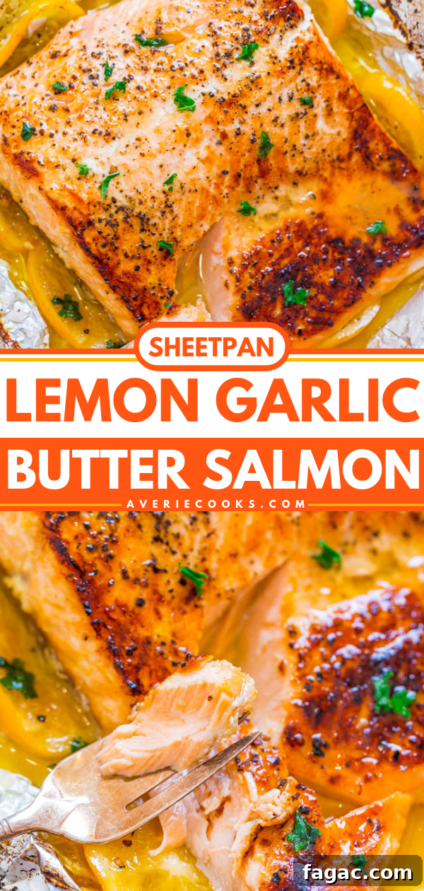 Sheet Pan Lemon Garlic Butter Salmon — Juicy salmon at home in 30 minutes that's EASY and tastes BETTER than from a restaurant! The butter is infused with lemon and garlic and adds so much FLAVOR!
