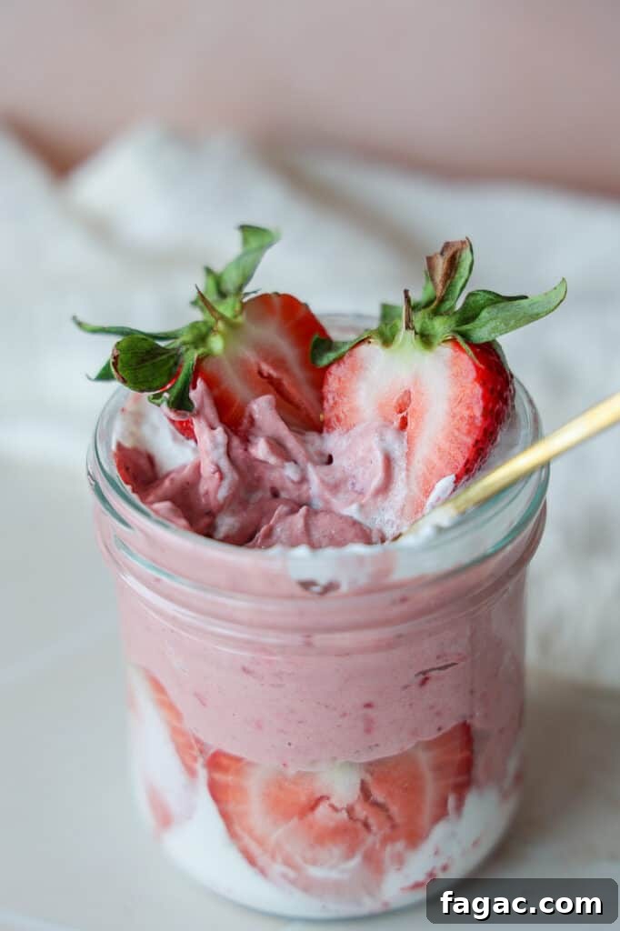 Light and Creamy Strawberry Mousse Without Gelatin 3 Strawberry yogurt mousse with whipped coconut cream.