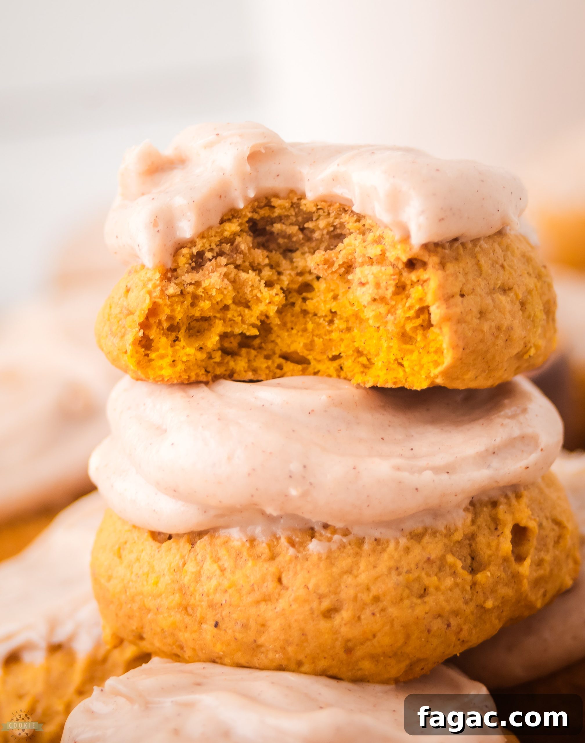 Frosted Pumpkin Cookies Recipe with Cream Cheese Icing 6 bite taken out of a frosted pumpkin cookie