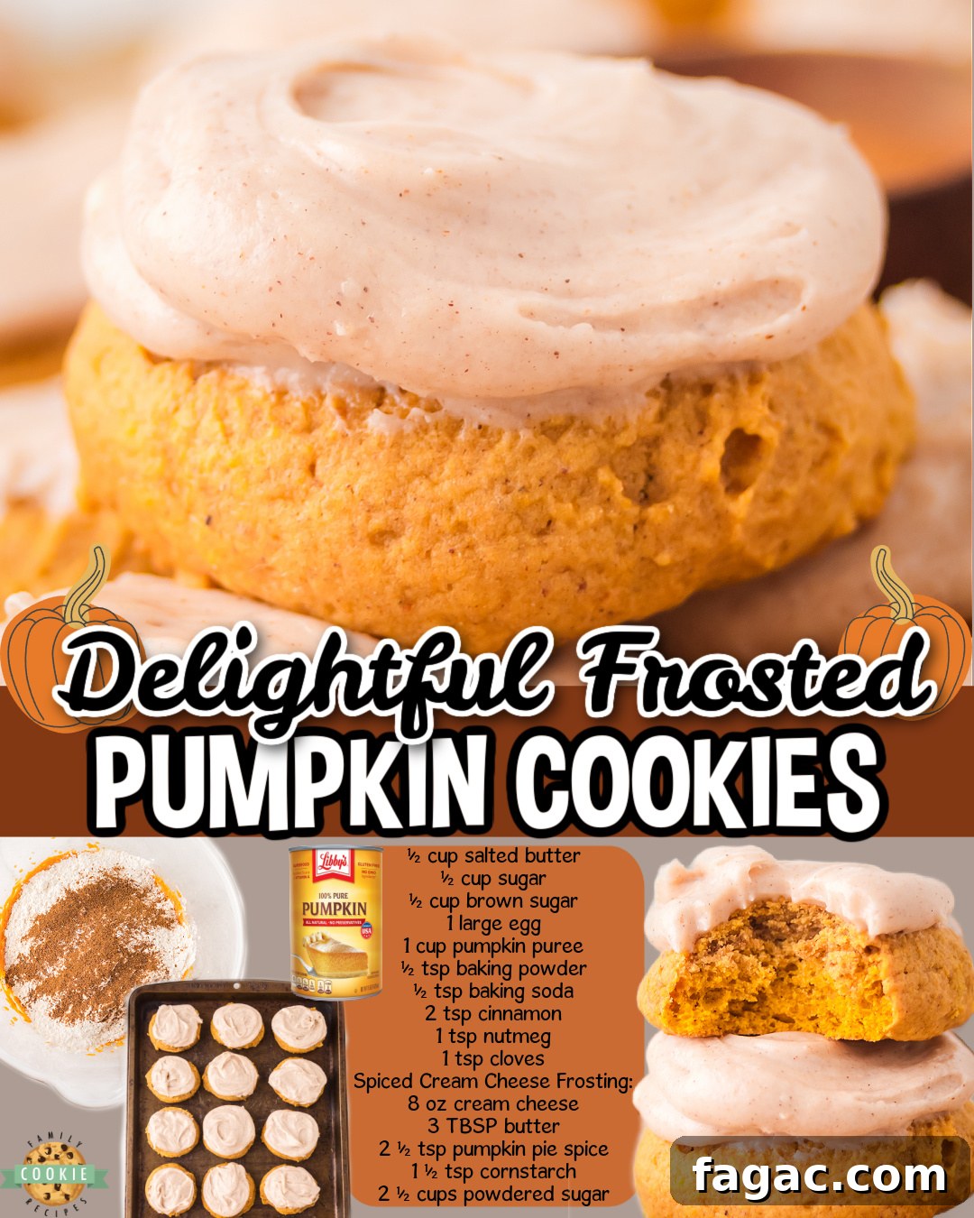 Frosted Pumpkin Cookies Recipe with Cream Cheese Icing 7 Frosted Pumpkin Cookies made with butter, sugar, pumpkin puree & a warm blend of Fall spices! Soft cookies topped with a spiced cream cheese frosting you'll love!