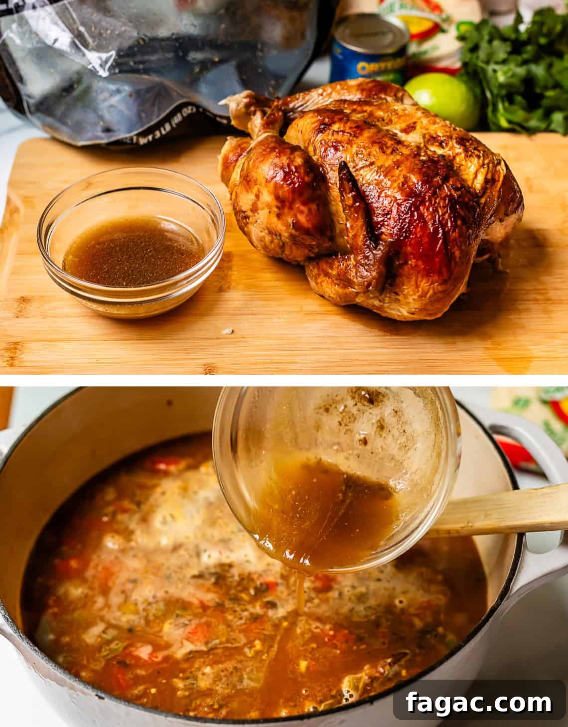 Quick Chicken Tortilla Soup Recipe for Cozy Weeknight Meals 12 top: rotisserie chicken with bowl of drippings, bottom: pouring drippings into pot.