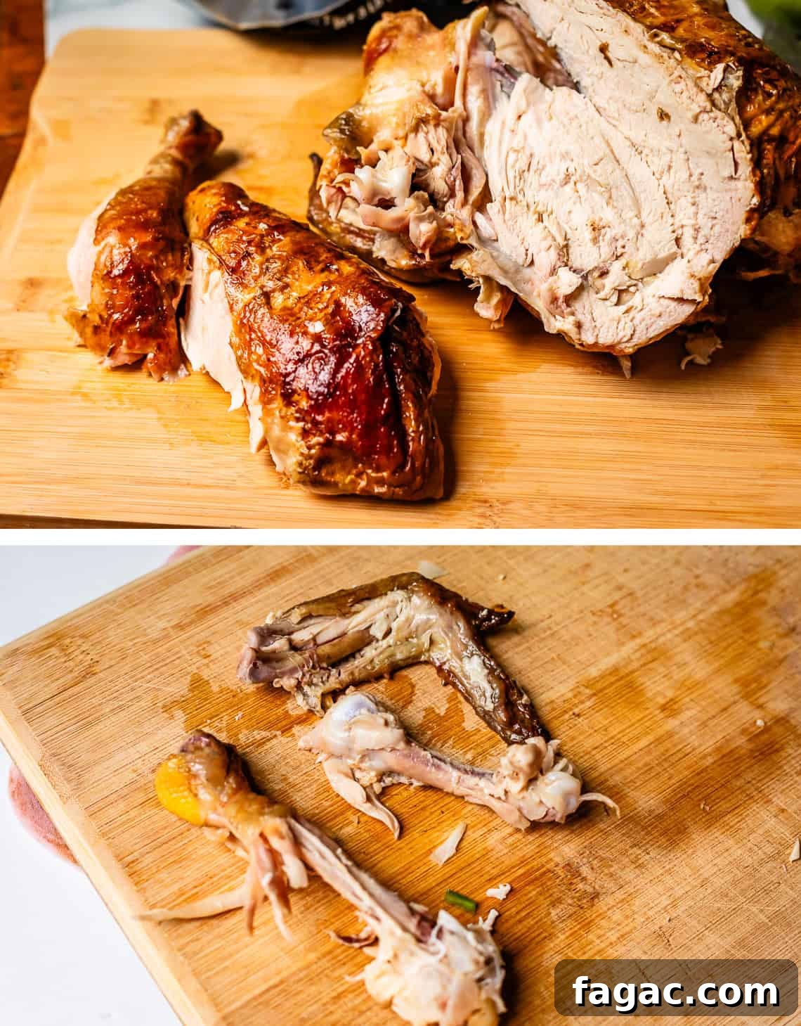 Quick Chicken Tortilla Soup Recipe for Cozy Weeknight Meals 13 top: rotisserie chicken cut in half, bottom: stripped chicken bones on cutting board.