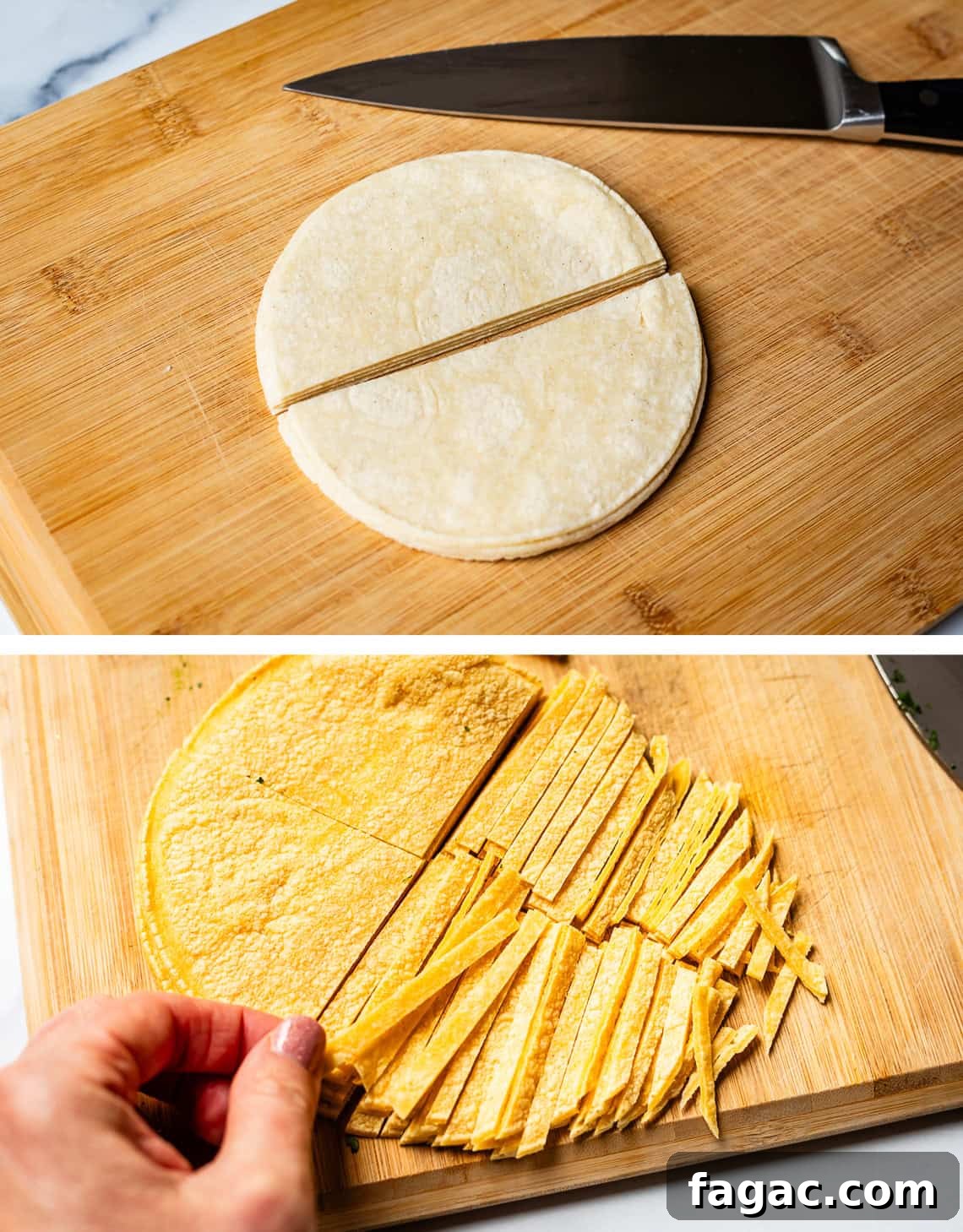 Quick Chicken Tortilla Soup Recipe for Cozy Weeknight Meals 14 top: corn tortillas cut in half, bottom: slicing the halves into thin strips.