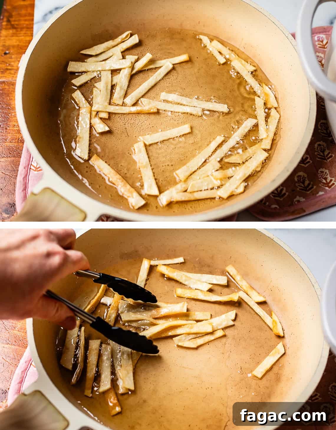 Quick Chicken Tortilla Soup Recipe for Cozy Weeknight Meals 15 top: strips frying in oil in a pan, bottom: hand with tongs flipping the strips.