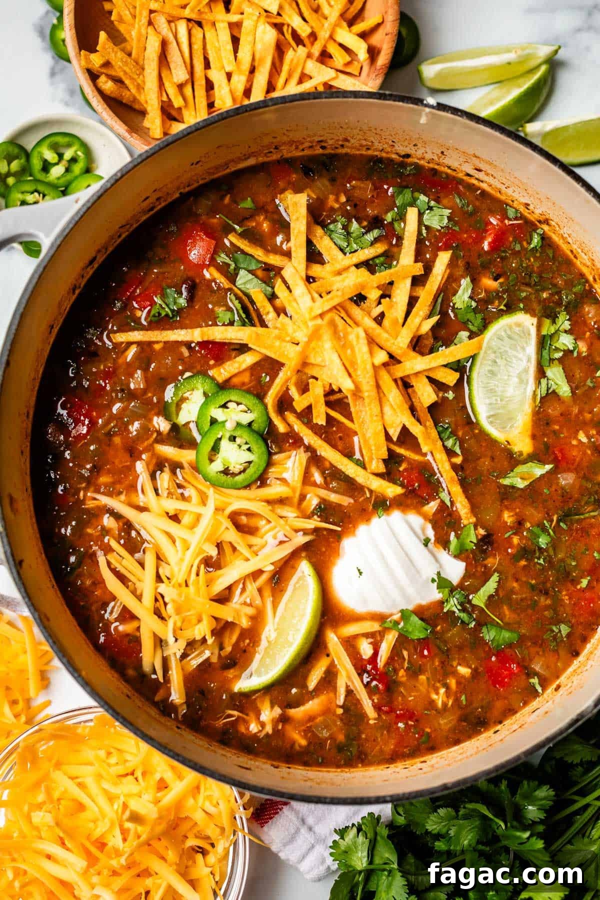 Quick Chicken Tortilla Soup Recipe for Cozy Weeknight Meals 3 bowl of soup with tortilla strip, cheese, lime, and jalapeno garnish.