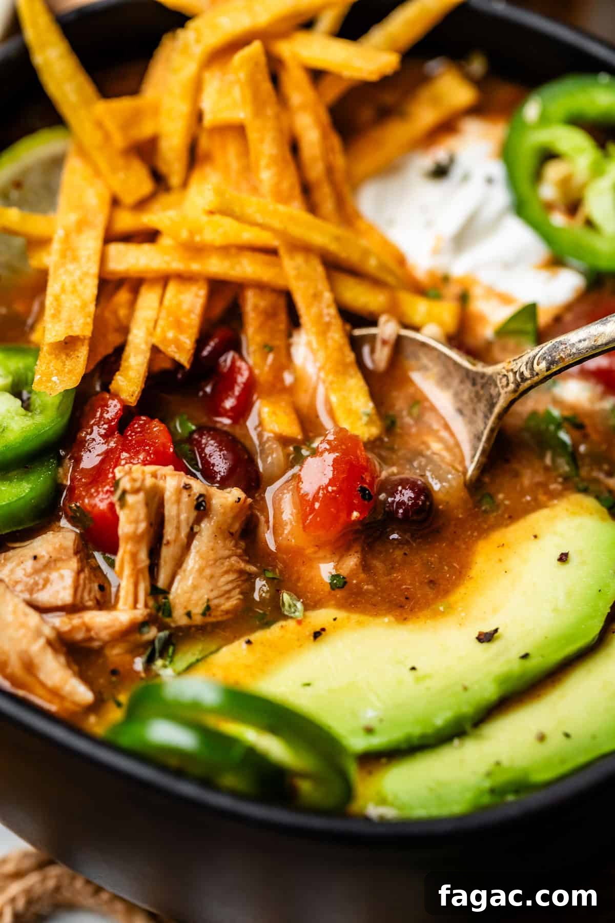 Quick Chicken Tortilla Soup Recipe for Cozy Weeknight Meals 19 close up of a metal spoon dipping into a bowl of chicken tortilla soup with toppings.