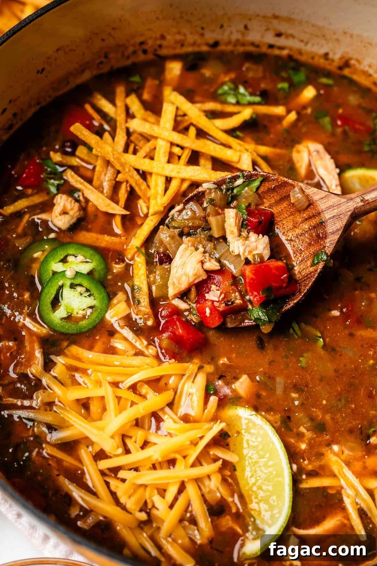 Quick Chicken Tortilla Soup Recipe for Cozy Weeknight Meals 20 wooden spoon lifting some soup out of a bowl that is garnished with cheese and tortilla.