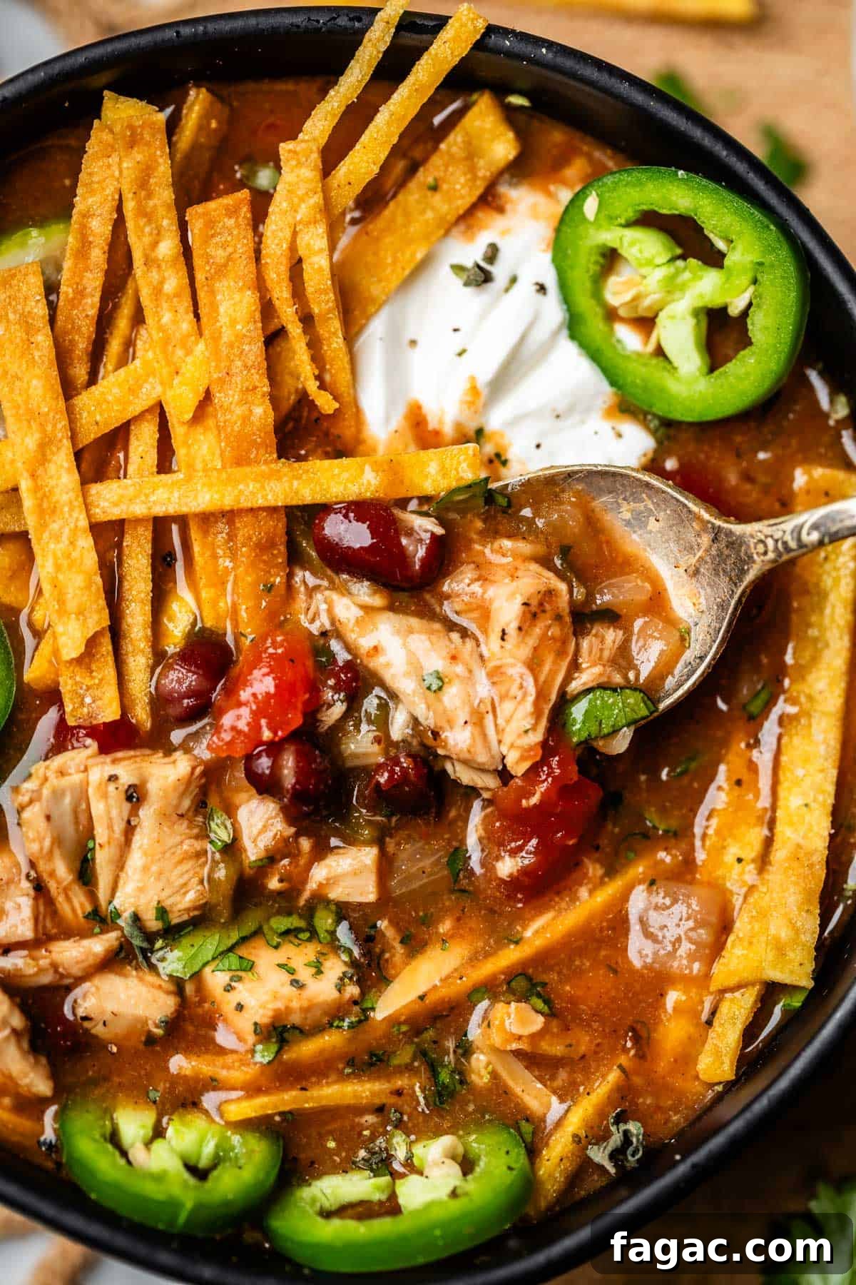 Quick Chicken Tortilla Soup Recipe for Cozy Weeknight Meals 22 spoon lifting up a bite of chicken filled soup, with fried tortilla and other toppings.