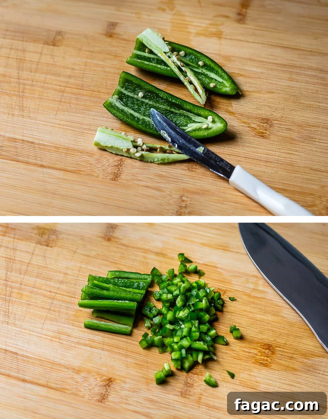 Quick Chicken Tortilla Soup Recipe for Cozy Weeknight Meals 9 top: cutting seeds and membranes from jalapenos, bottom: dicing a jalapeno.