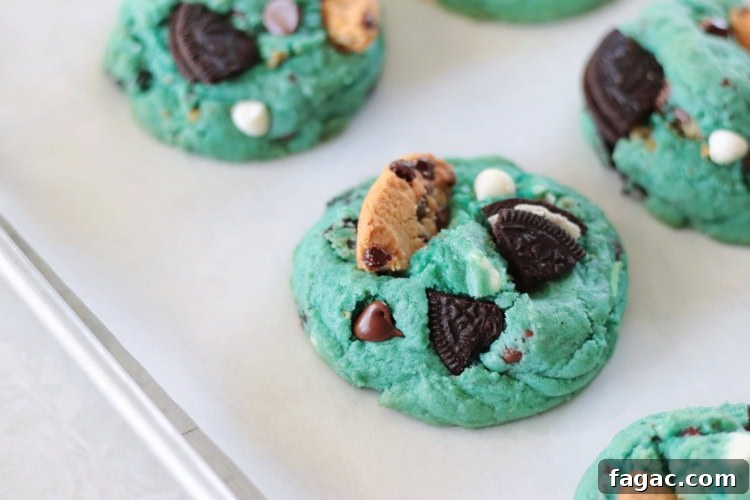 Blue Cookie Monster Cookies Recipe with Video Tutorial 8 blue Cookie Monster cookies on baking sheet