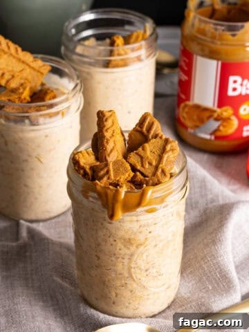 Several mason jars with biscoff overnight oats on a gray table.