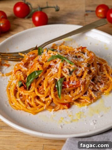A serving of cherry tomato sauce with spaghetti on a small plate.