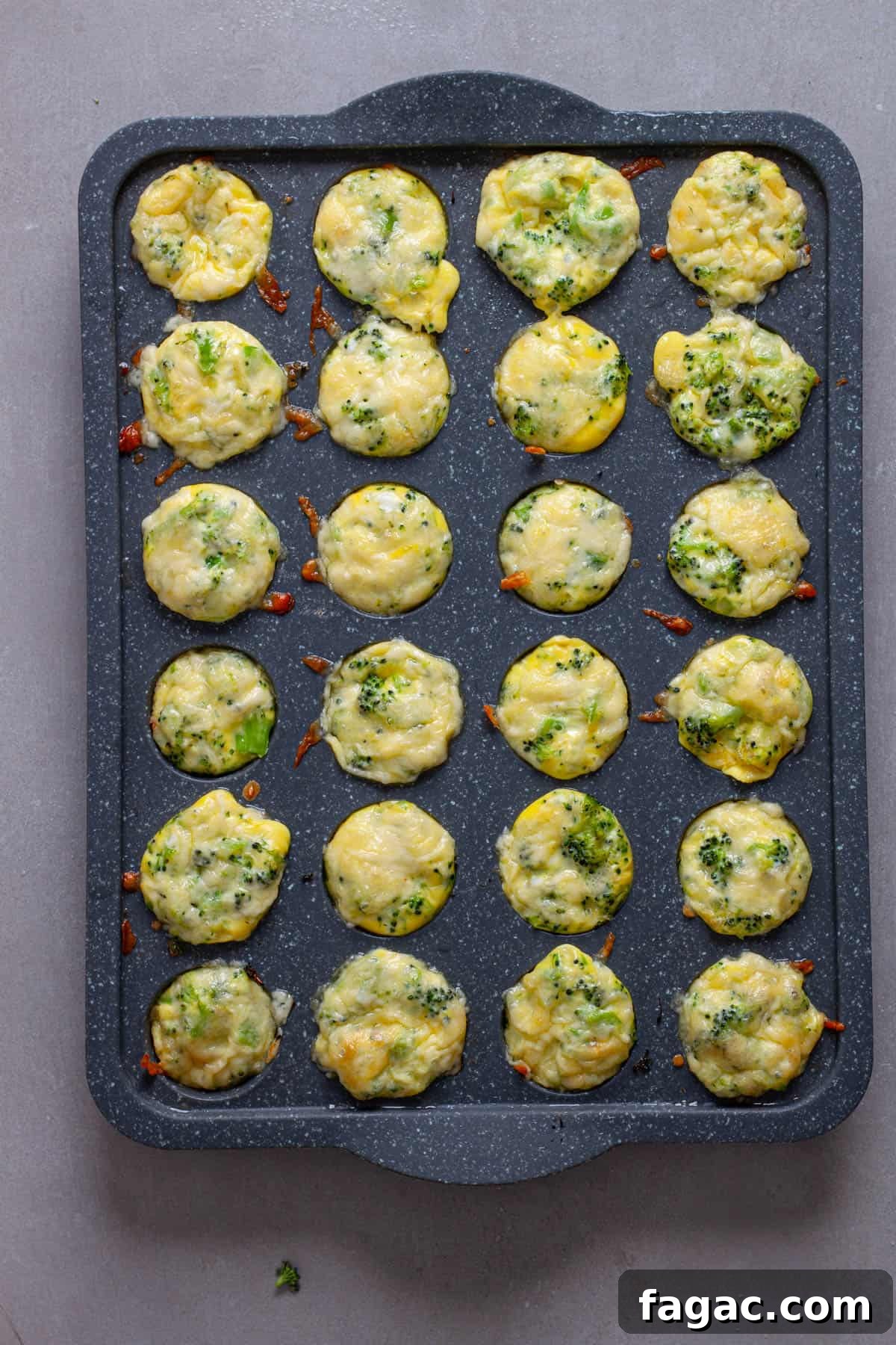 Broccoli Cheddar Mini Egg Bites: Protein-Packed Breakfast Bites 8 Puffy cooked mini broccoli and cheddar egg bites in a mini muffin pan.